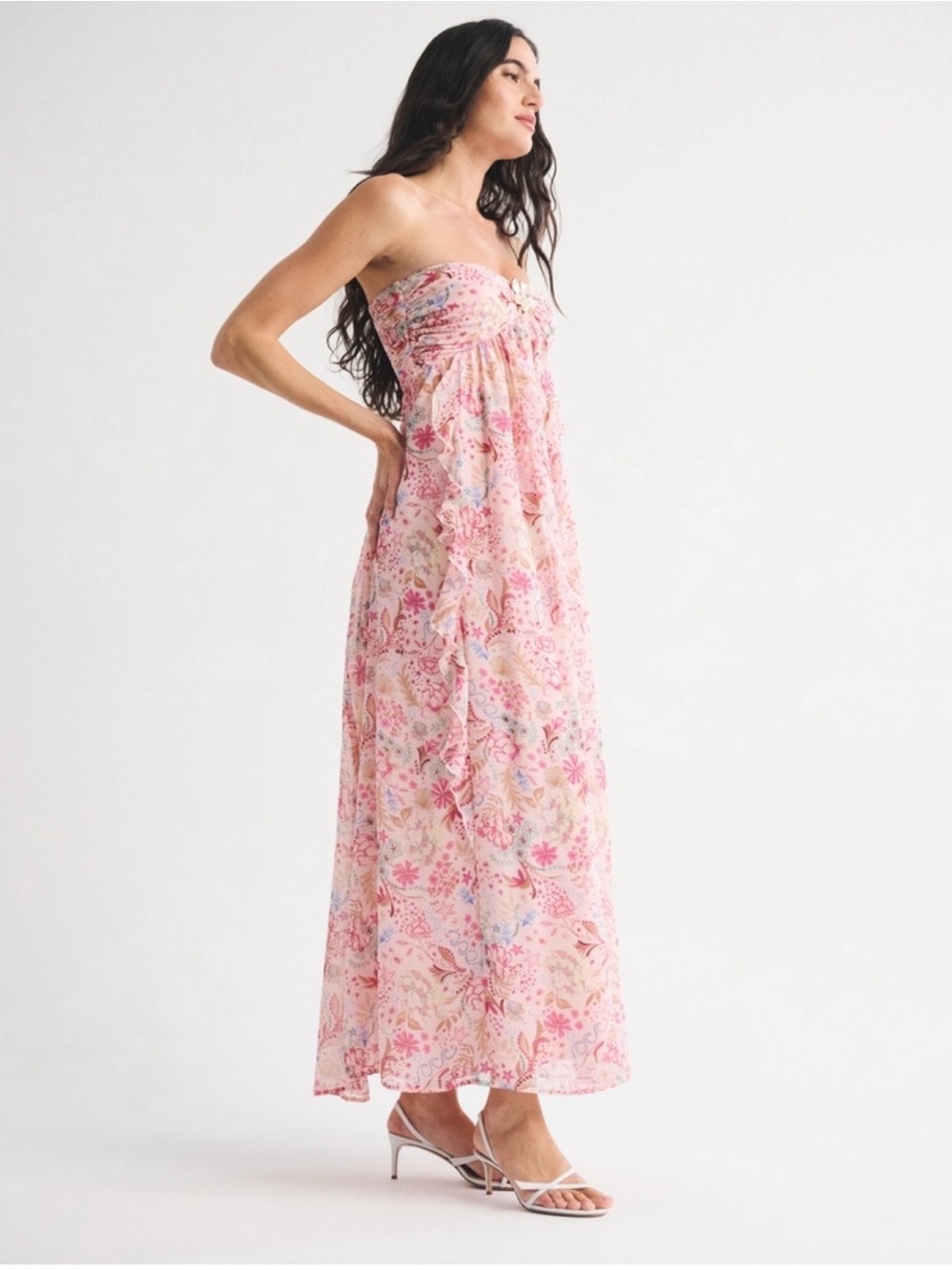 Abercrombie & Fitch Pink Floral Ruffle Strapless Maxi Dress - Picture 3 of 9